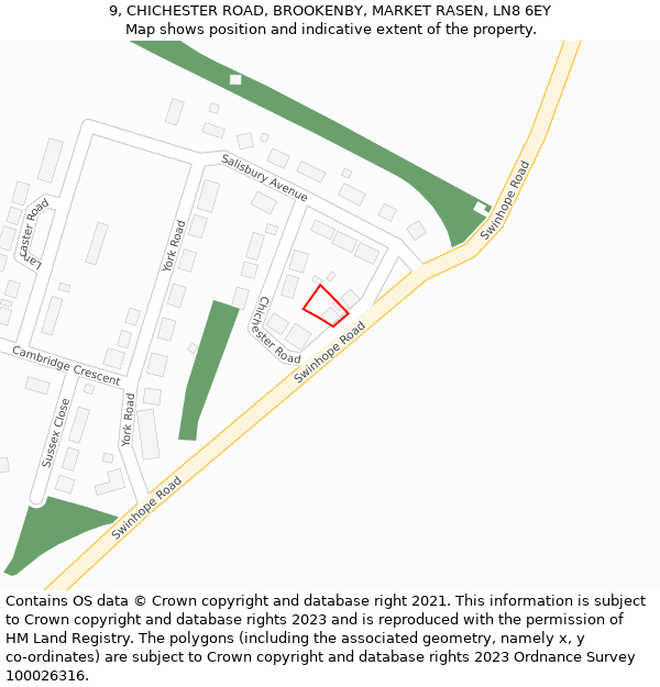 9, CHICHESTER ROAD, BROOKENBY, MARKET RASEN, LN8 6EY: Location map and indicative extent of plot
