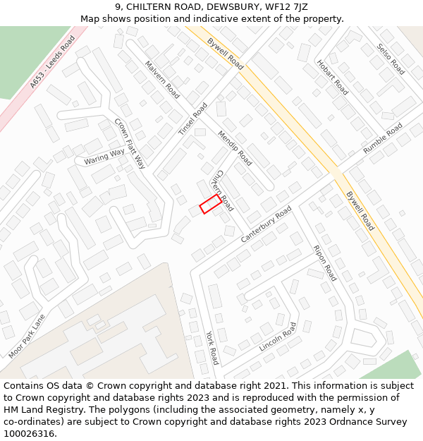 9, CHILTERN ROAD, DEWSBURY, WF12 7JZ: Location map and indicative extent of plot