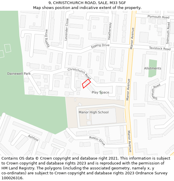 9, CHRISTCHURCH ROAD, SALE, M33 5GF: Location map and indicative extent of plot