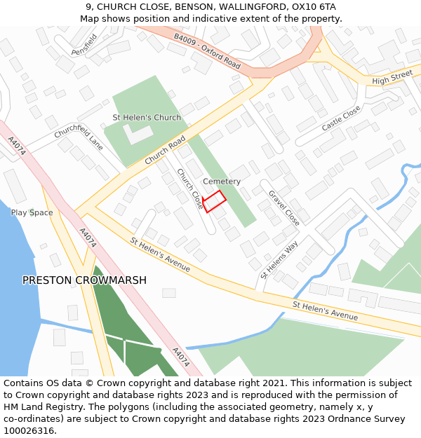 9, CHURCH CLOSE, BENSON, WALLINGFORD, OX10 6TA: Location map and indicative extent of plot