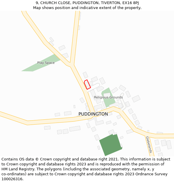 9, CHURCH CLOSE, PUDDINGTON, TIVERTON, EX16 8PJ: Location map and indicative extent of plot