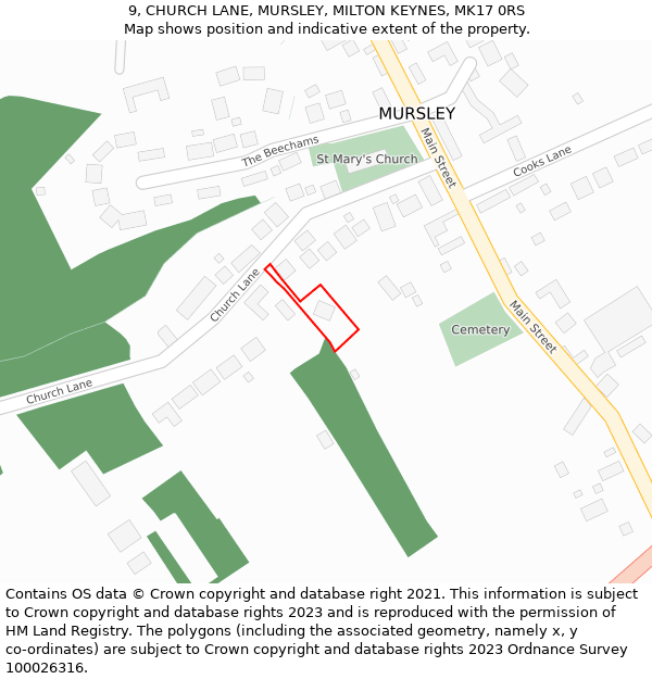 9, CHURCH LANE, MURSLEY, MILTON KEYNES, MK17 0RS: Location map and indicative extent of plot