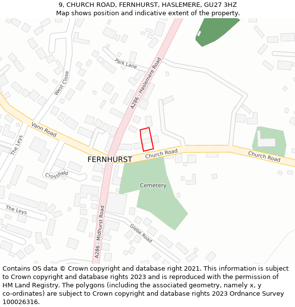 9, CHURCH ROAD, FERNHURST, HASLEMERE, GU27 3HZ: Location map and indicative extent of plot