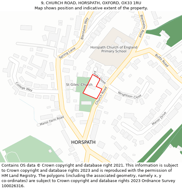 9, CHURCH ROAD, HORSPATH, OXFORD, OX33 1RU: Location map and indicative extent of plot