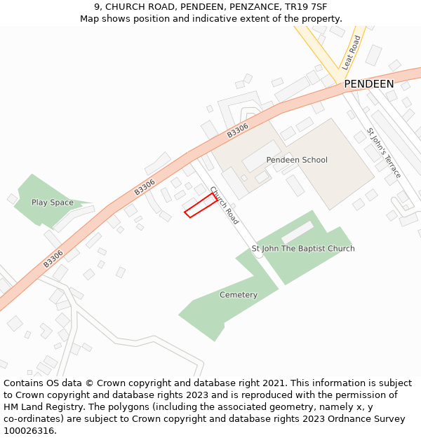 9, CHURCH ROAD, PENDEEN, PENZANCE, TR19 7SF: Location map and indicative extent of plot