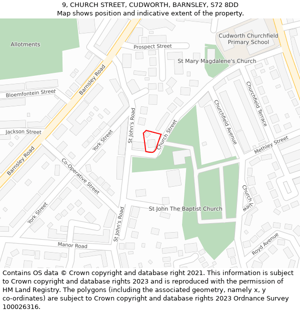 9, CHURCH STREET, CUDWORTH, BARNSLEY, S72 8DD: Location map and indicative extent of plot