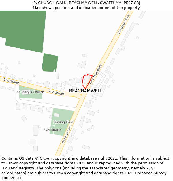 9, CHURCH WALK, BEACHAMWELL, SWAFFHAM, PE37 8BJ: Location map and indicative extent of plot