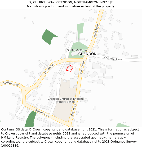 9, CHURCH WAY, GRENDON, NORTHAMPTON, NN7 1JE: Location map and indicative extent of plot