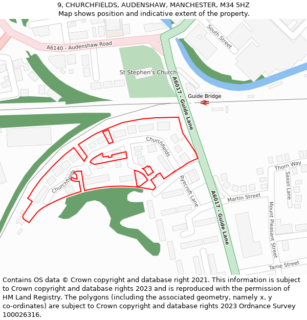 9, CHURCHFIELDS, AUDENSHAW, MANCHESTER, M34 5HZ: Location map and indicative extent of plot