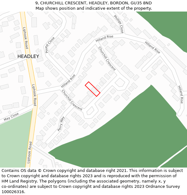 9, CHURCHILL CRESCENT, HEADLEY, BORDON, GU35 8ND: Location map and indicative extent of plot