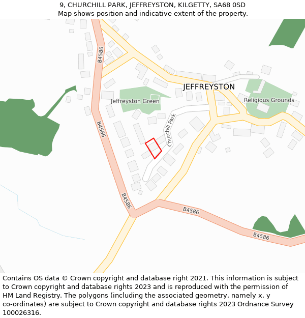 9, CHURCHILL PARK, JEFFREYSTON, KILGETTY, SA68 0SD: Location map and indicative extent of plot