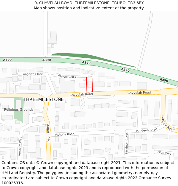 9, CHYVELAH ROAD, THREEMILESTONE, TRURO, TR3 6BY: Location map and indicative extent of plot