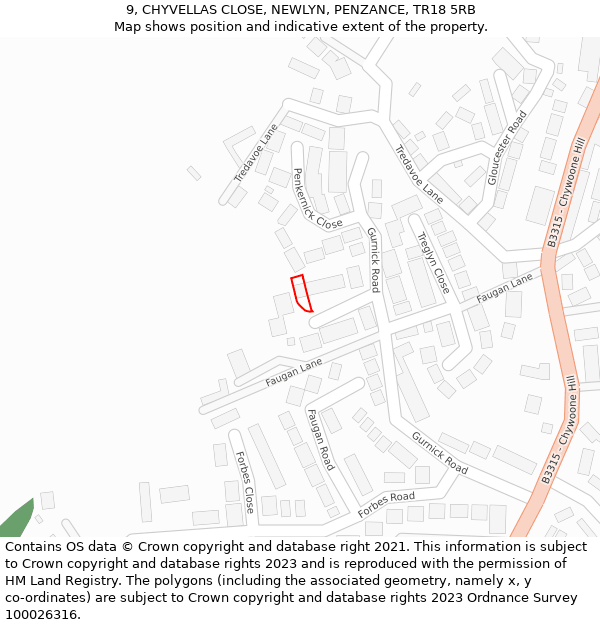 9, CHYVELLAS CLOSE, NEWLYN, PENZANCE, TR18 5RB: Location map and indicative extent of plot