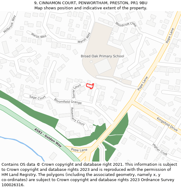 9, CINNAMON COURT, PENWORTHAM, PRESTON, PR1 9BU: Location map and indicative extent of plot