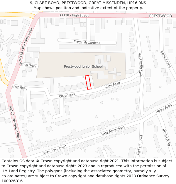 9, CLARE ROAD, PRESTWOOD, GREAT MISSENDEN, HP16 0NS: Location map and indicative extent of plot