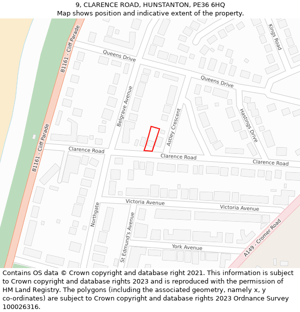9, CLARENCE ROAD, HUNSTANTON, PE36 6HQ: Location map and indicative extent of plot
