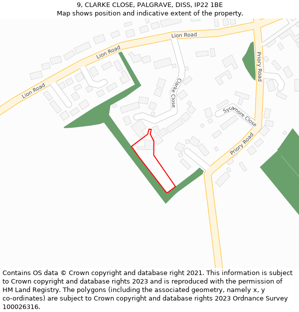 9, CLARKE CLOSE, PALGRAVE, DISS, IP22 1BE: Location map and indicative extent of plot