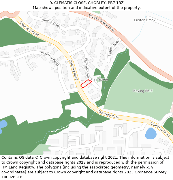 9, CLEMATIS CLOSE, CHORLEY, PR7 1BZ: Location map and indicative extent of plot
