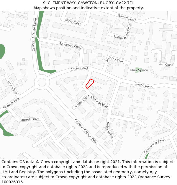 9, CLEMENT WAY, CAWSTON, RUGBY, CV22 7FH: Location map and indicative extent of plot