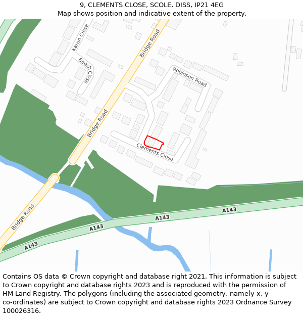 9, CLEMENTS CLOSE, SCOLE, DISS, IP21 4EG: Location map and indicative extent of plot