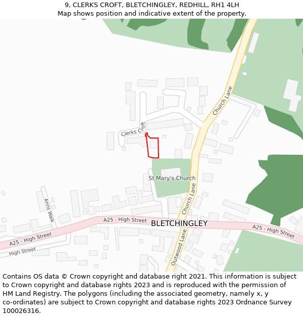 9, CLERKS CROFT, BLETCHINGLEY, REDHILL, RH1 4LH: Location map and indicative extent of plot