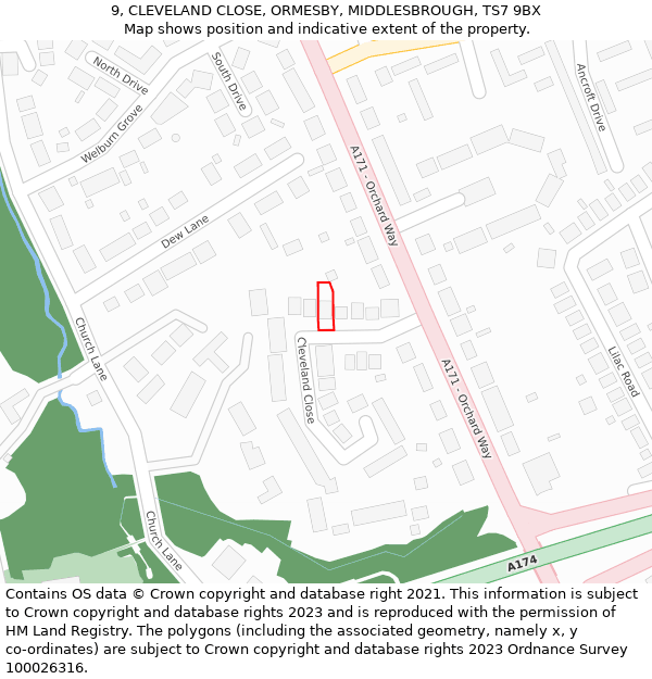 9, CLEVELAND CLOSE, ORMESBY, MIDDLESBROUGH, TS7 9BX: Location map and indicative extent of plot