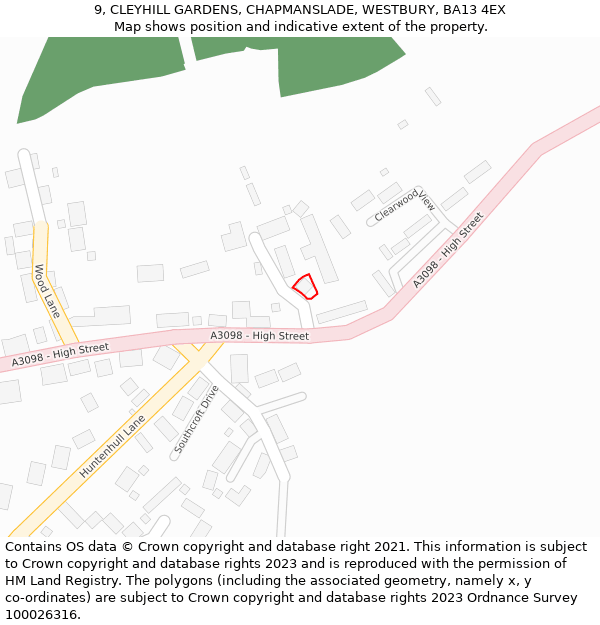 9, CLEYHILL GARDENS, CHAPMANSLADE, WESTBURY, BA13 4EX: Location map and indicative extent of plot