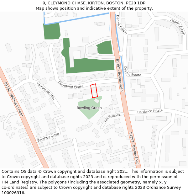 9, CLEYMOND CHASE, KIRTON, BOSTON, PE20 1DP: Location map and indicative extent of plot