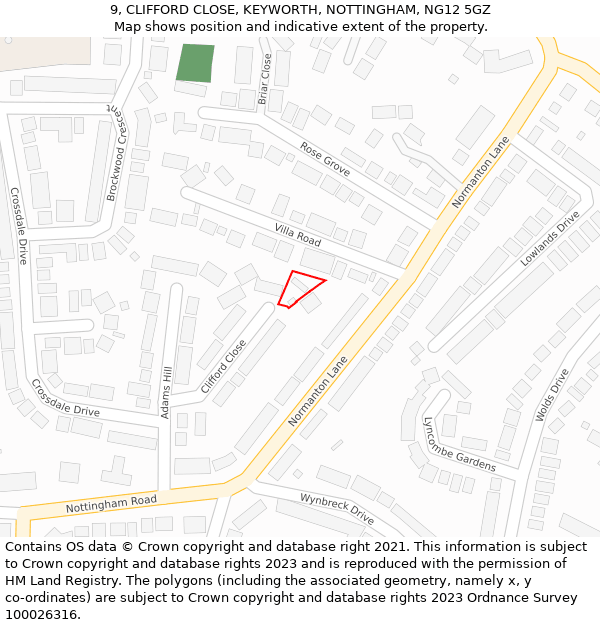 9, CLIFFORD CLOSE, KEYWORTH, NOTTINGHAM, NG12 5GZ: Location map and indicative extent of plot