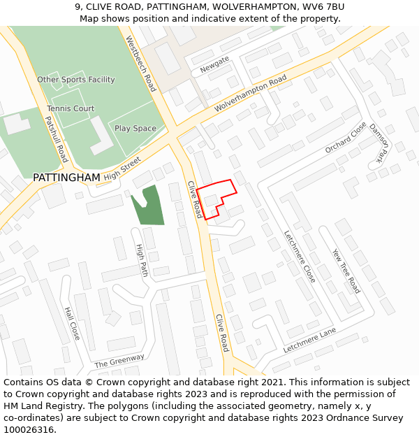 9, CLIVE ROAD, PATTINGHAM, WOLVERHAMPTON, WV6 7BU: Location map and indicative extent of plot