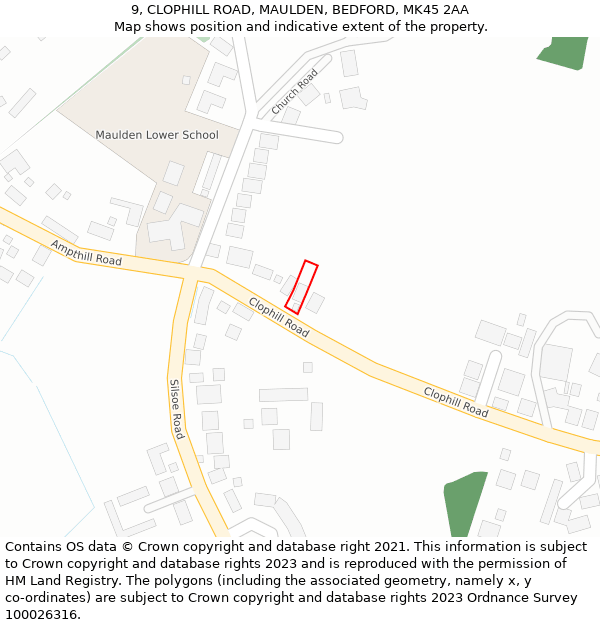 9, CLOPHILL ROAD, MAULDEN, BEDFORD, MK45 2AA: Location map and indicative extent of plot