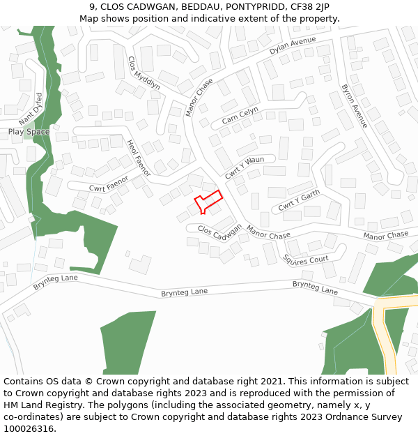 9, CLOS CADWGAN, BEDDAU, PONTYPRIDD, CF38 2JP: Location map and indicative extent of plot