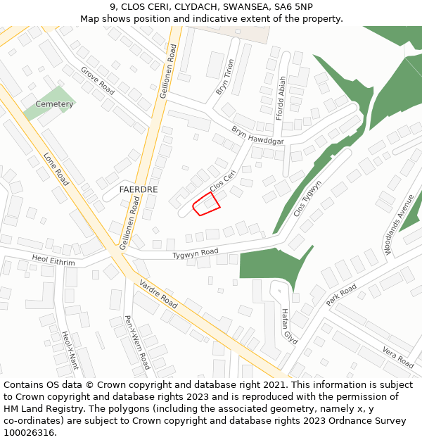 9, CLOS CERI, CLYDACH, SWANSEA, SA6 5NP: Location map and indicative extent of plot