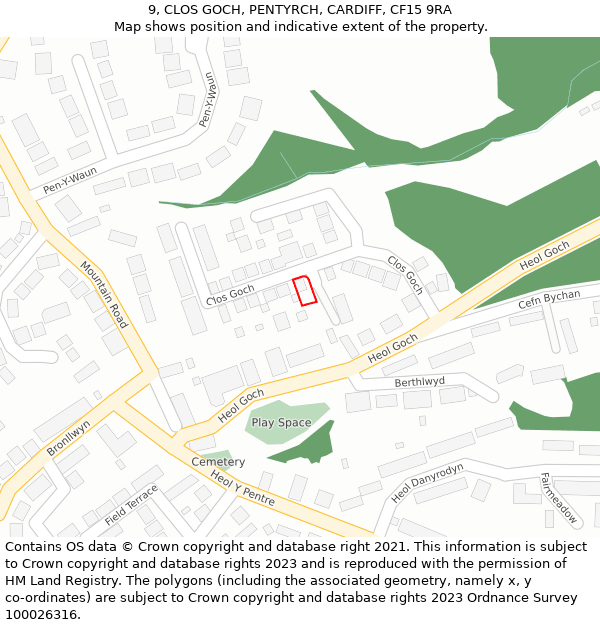 9, CLOS GOCH, PENTYRCH, CARDIFF, CF15 9RA: Location map and indicative extent of plot