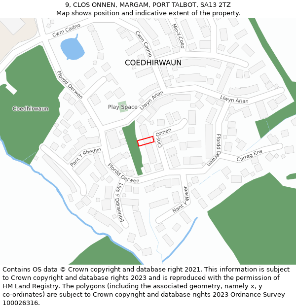 9, CLOS ONNEN, MARGAM, PORT TALBOT, SA13 2TZ: Location map and indicative extent of plot