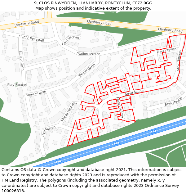 9, CLOS PINWYDDEN, LLANHARRY, PONTYCLUN, CF72 9GG: Location map and indicative extent of plot