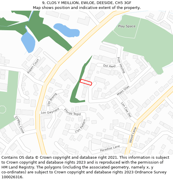 9, CLOS Y MEILLION, EWLOE, DEESIDE, CH5 3GF: Location map and indicative extent of plot