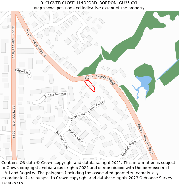 9, CLOVER CLOSE, LINDFORD, BORDON, GU35 0YH: Location map and indicative extent of plot