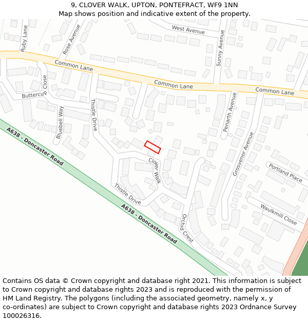 9, CLOVER WALK, UPTON, PONTEFRACT, WF9 1NN: Location map and indicative extent of plot