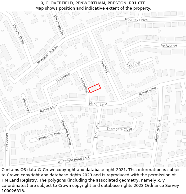 9, CLOVERFIELD, PENWORTHAM, PRESTON, PR1 0TE: Location map and indicative extent of plot