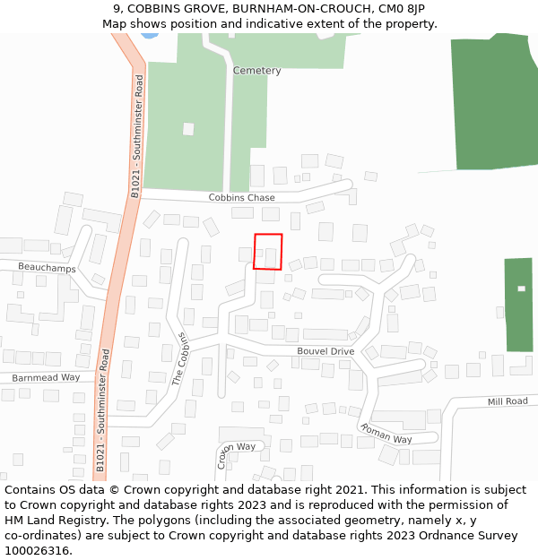 9, COBBINS GROVE, BURNHAM-ON-CROUCH, CM0 8JP: Location map and indicative extent of plot