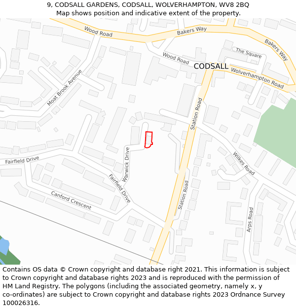 9, CODSALL GARDENS, CODSALL, WOLVERHAMPTON, WV8 2BQ: Location map and indicative extent of plot