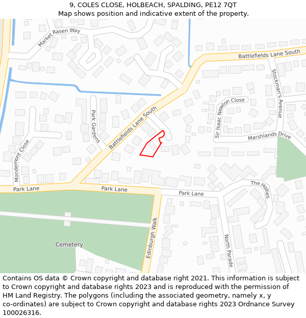 9, COLES CLOSE, HOLBEACH, SPALDING, PE12 7QT: Location map and indicative extent of plot