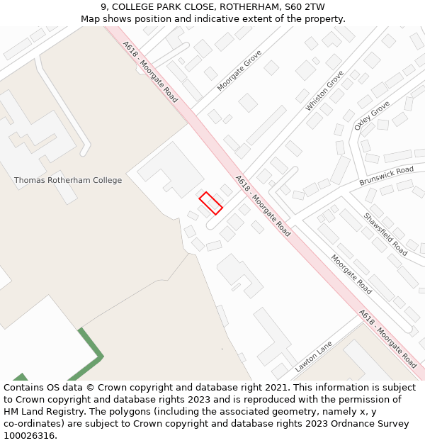 9, COLLEGE PARK CLOSE, ROTHERHAM, S60 2TW: Location map and indicative extent of plot