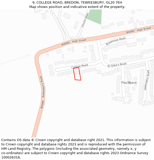 9, COLLEGE ROAD, BREDON, TEWKESBURY, GL20 7EH: Location map and indicative extent of plot