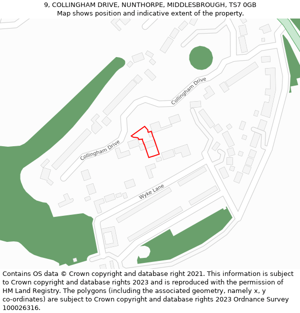 9, COLLINGHAM DRIVE, NUNTHORPE, MIDDLESBROUGH, TS7 0GB: Location map and indicative extent of plot