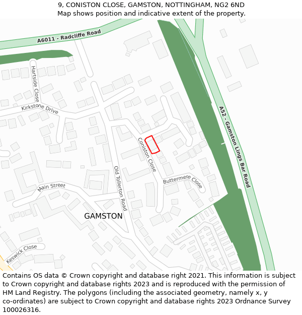 9, CONISTON CLOSE, GAMSTON, NOTTINGHAM, NG2 6ND: Location map and indicative extent of plot