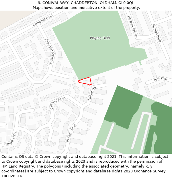 9, CONIVAL WAY, CHADDERTON, OLDHAM, OL9 0QL: Location map and indicative extent of plot