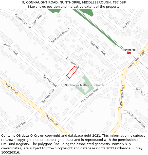 9, CONNAUGHT ROAD, NUNTHORPE, MIDDLESBROUGH, TS7 0BP: Location map and indicative extent of plot