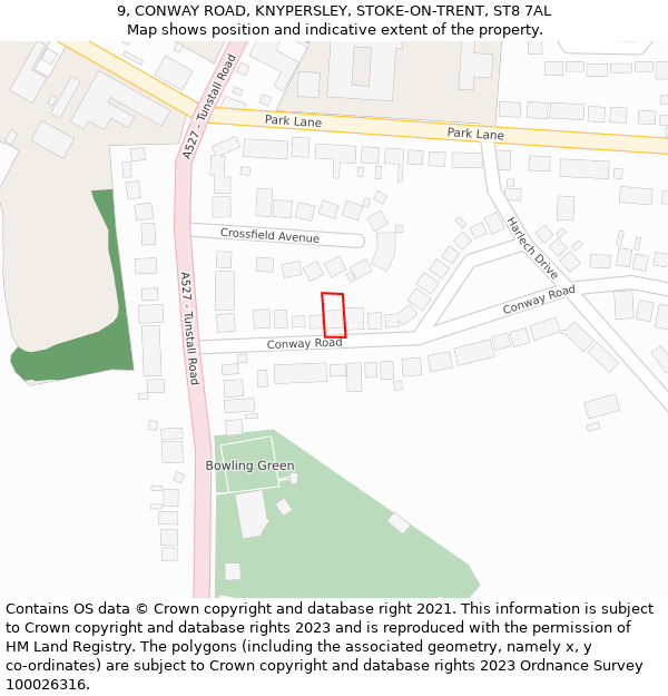 9, CONWAY ROAD, KNYPERSLEY, STOKE-ON-TRENT, ST8 7AL: Location map and indicative extent of plot